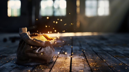 A captivating image of a sack filled with glowing treasure on a weathered wooden floor, illuminated by enchanting light rays, evoking a sense of mystery.の素材