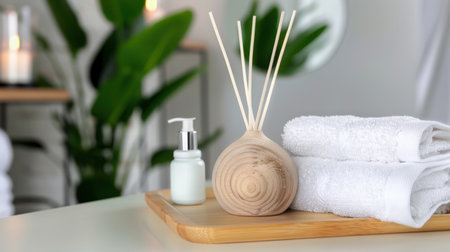 A serene spa setting featuring a stylish essential oil diffuser, neatly folded towels, and a minimalist wooden tray, creating a tranquil atmosphere for relaxation.の素材