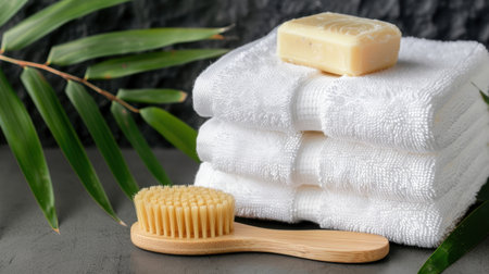 A serene spa setup featuring neatly stacked white towels, a natural soap bar, and a wooden brush, complemented by lush green leaves, evoking relaxation.の素材
