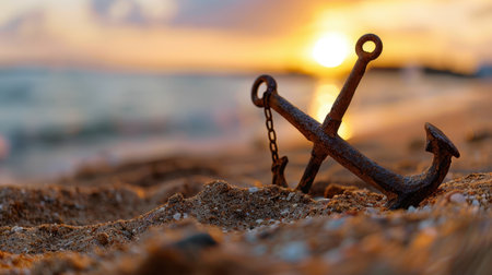 A beautifully captured rusty anchor resting in soft beach sand at sunset, with gentle ocean waves lapping nearby and a golden sky above.の素材
