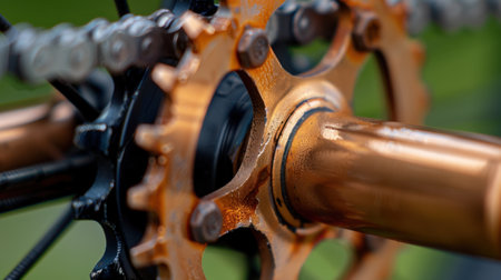 This close-up image showcases a bicycle gear system with intricate details and a metallic finish, set against a blurred green background, highlighting cycling mechanics.の素材