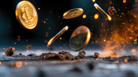 Captivating image of golden coins suspended in mid-air above a textured surface, illuminated by a vibrant display of sparkling particles and glowing dust.の素材