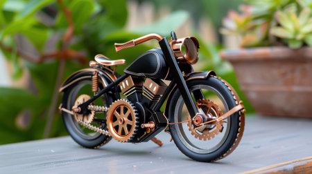 This exquisite miniature motorcycle model showcases intricate craftsmanship and vintage design, perfect for collectors and decor enthusiasts.の素材