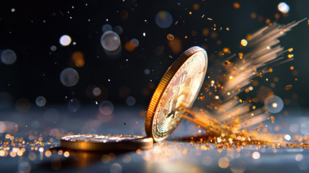 Stunning visual of glimmering coins mid-motion, surrounded by sparkling particles and a striking bokeh effect against a dark background, emphasizing elegance.の素材