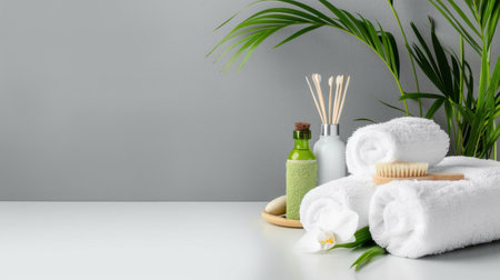 Enhance your wellness routine with an arrangement of soft towels, natural products, and vibrant greenery, perfect for a tranquil spa atmosphere at home.の素材
