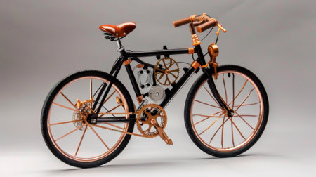 This striking black bicycle with copper accents showcases a unique design, emphasizing intricate gear and pedal details, perfect for cycling enthusiasts.の素材