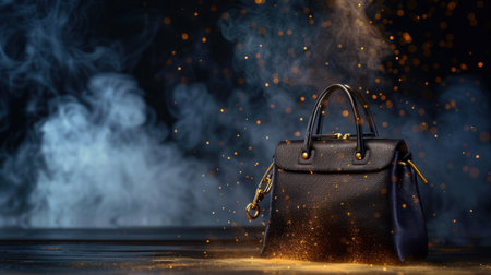 Captivating image of a luxurious leather handbag highlighted by golden sparkles and a smoky ambiance, ideal for showcasing elegance in fashion photography.の素材