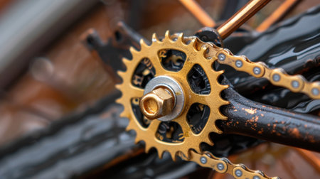 This close-up image captures the intricate details of a golden bicycle chainring with its precisely crafted teeth and strong metal composition, highlighting its engineering excellence and dynamic design.の素材