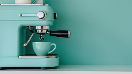 A sleek turquoise espresso machine creates a stylish focal point in a minimalist kitchen, expertly brewing a fresh cup of coffee for morning enjoyment.の素材