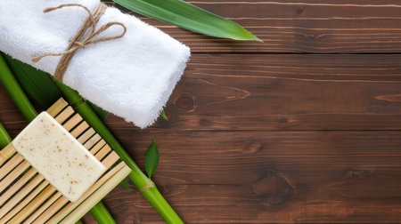 A serene spa setting featuring a soft white towel on a bamboo mat alongside a natural soap bar and fresh green leaves on a rustic wooden surface.の素材