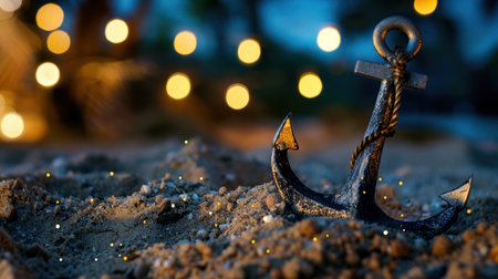 A close-up view of a vintage anchor resting on sandy beach at dusk, with soft bokeh lights creating a serene and tranquil atmosphere.の素材