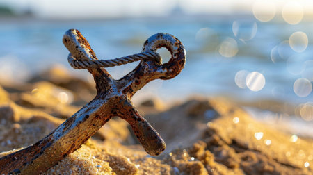 A close-up of a weathered rusty anchor resting on the sandy beach, with gentle waves in the background and a beautiful bokeh effect reflecting sunlight.の素材