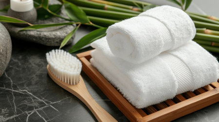 A calming spa setting featuring soft white towels, a wooden brush, natural stones, and bamboo. Ideal for promoting relaxation and wellness practices.の素材