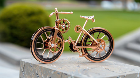 A stunning metallic bicycle model featuring intricate gears and an elegant design, showcased outdoors in natural light, perfect for enthusiasts of art and craftsmanship.の素材