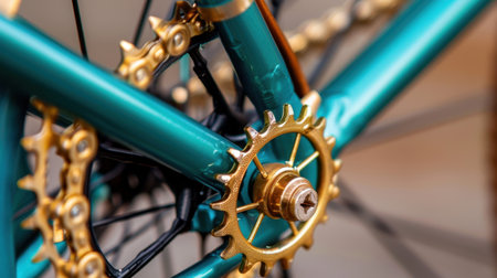 This close-up image highlights the intricate details of a bicycle gear mechanism, featuring a striking teal frame and gold components, perfect for cycling enthusiasts.の素材