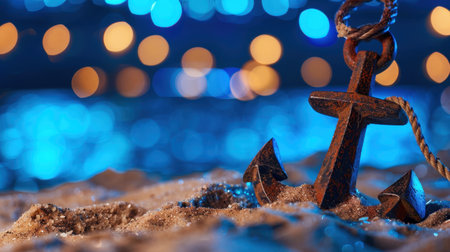A weathered anchor rests on a sandy beach, surrounded by shimmering bokeh lights reflecting the tranquility of the evening sea, creating a serene atmosphere.の素材