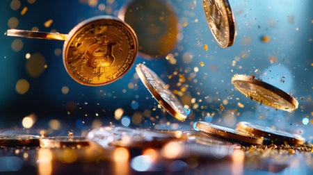 A captivating scene featuring falling gold coins with a dollar sign, representing the essence of modern finance and wealth in a vibrant, dazzling display.の素材