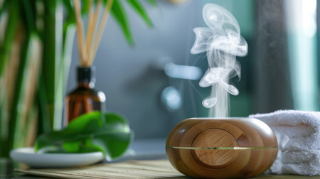 This image features a stylish aroma diffuser emitting soothing steam in a tranquil spa-like environment, surrounded by greenery and soft towels, ideal for relaxation and mindfulness.の素材