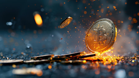 Captivating scene featuring a golden Bitcoin coin amidst sparks on a dark surface, illustrating the dynamic world of digital currency and finance innovation.の素材