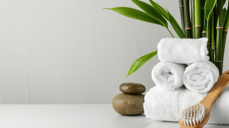 A serene arrangement featuring soft white towels, bamboo leaves, and stones, perfect for an inviting spa atmosphere and promoting wellness and relaxation.の素材