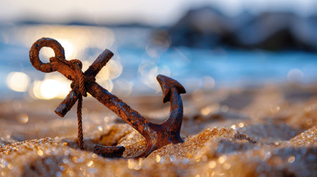 A close-up of a rusty anchor resting in golden sand, with glistening water in the background, embodying a serene beach atmosphere perfect for travels.の素材