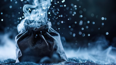A captivating scene featuring smoke emerging from a dark fabric pouch, surrounded by shimmering glitter particles. The soft light creates a mystical and enchanting atmosphere.の素材