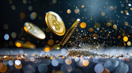 This dynamic image captures golden coins falling through the air, surrounded by a backdrop of shimmering bokeh lights that create an enchanting and rich atmosphere.の素材