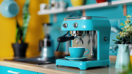 A vibrant kitchen scene featuring a blue espresso machine on a wooden counter, complemented by a coffee cup, plants, and bright decor accents.の素材