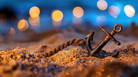 A rustic iron anchor rests gently in soft sand, illuminated by warm bokeh lights and gentle ocean waves, creating a serene beach scene and inviting tranquility.の素材