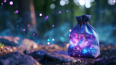 A captivating image of a magical fabric bag adorned with a galaxy pattern, situated amidst vibrant sparkles in a tranquil forest. The enchanting setting evokes a sense of wonder and adventure.の素材