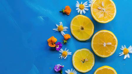 A vibrant and cheerful composition featuring bright yellow lemon slices arranged with an assortment of colorful wildflowers on a vivid blue background.の素材