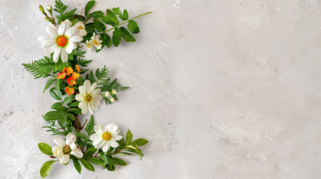 A stunning flat lay of fresh white flowers and lush green leaves creates a vibrant and elegant decoration. Perfect for nature-inspired projects or backgrounds.の素材