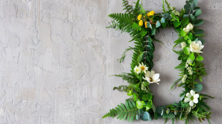 A beautiful arrangement of greenery and flowers on a gray background, perfect for home decor inspiration. This composition showcases vibrant colors and natural elements, ideal for design projects.の素材