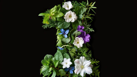 This artistic representation of the number one features an array of fresh green leaves and colorful flowers, perfect for celebrations or nature-themed events.の素材