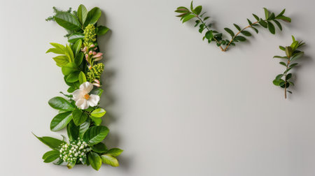 This artistic flat lay showcases an elegant arrangement of fresh green leaves and a delicate white flower on a soft gray background, ideal for nature-themed projects.の素材