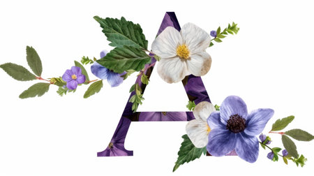 This stunning floral design features the letter A, adorned with vibrant violet and white flowers, and lush greenery, perfect for home decor projects.の素材