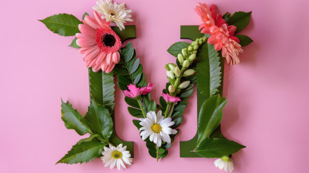 A beautiful floral display forming the letter M, featuring a variety of colorful flowers and green leaves set against a soft pink background. Ideal for creative projects.の素材