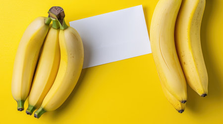 This vibrant image features fresh yellow bananas positioned beside a blank card on a bright background. Ideal for promoting healthy eating and creative cooking ideas.の素材