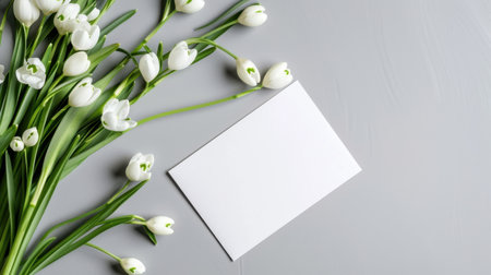 A stunning arrangement of white tulips alongside a blank card on a gray surface, perfect for spring events, floral designs, or heartfelt messages.の素材