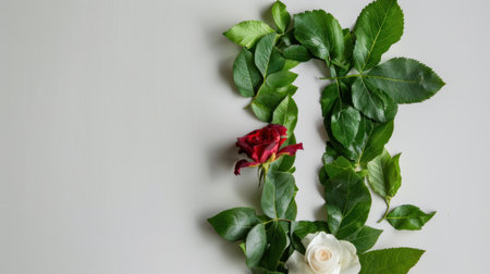 This captivating image showcases a delicate arrangement of red and white roses intertwined with fresh green leaves, creating a harmonious blend of natural beauty.の素材