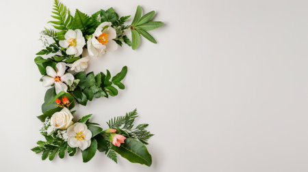 This captivating image features an elegant floral arrangement shaped like the letter E, showcasing white flowers and lush greenery against a neutral background.の素材
