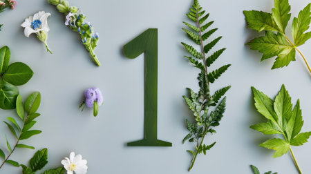A captivating arrangement featuring a green number one surrounded by an array of fresh flowers and diverse leaves on a gray surface, perfect for nature-themed designs.の素材