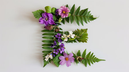 This stunning image features a floral arrangement creatively forming the letter E, showcasing colorful flowers and lush green ferns on a clean white background.の素材