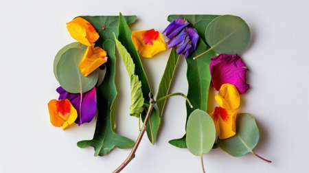 A beautiful arrangement of colorful flower petals and green leaves forms the letter M, set against a clean white background. This creative composition showcases the beauty of nature.の素材