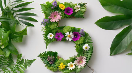 This stunning floral arrangement features the number five shaped with a variety of vibrant flowers and lush greenery, perfect for celebrations or events.の素材