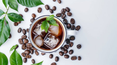 A vibrant and refreshing image of iced coffee served in a cup, featuring ice cubes, coffee beans, and lush green leaves, perfect for food enthusiasts.の素材