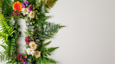 A stunning arrangement of various flowers and lush green leaves creates a vibrant and refreshing decor piece on a light background, perfect for nature lovers.の素材