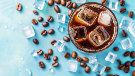 An enticing image of iced coffee featuring rich textures, vibrant ice cubes, and aromatic coffee beans, perfect for capturing summer vibes and refreshing moments.の素材