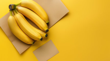 A captivating image of fresh and ripe bananas arranged on a plain yellow background with brown paper, emphasizing freshness and healthy eating choices.の素材