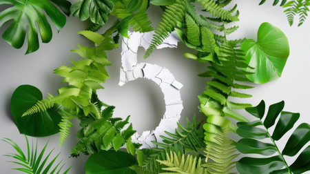 A striking illustration of the number five, artistically cracked and framed by an array of lush green leaves, creating a vibrant natural scene.の素材